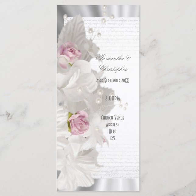 White flower pink rose church wedding program programme (Front)