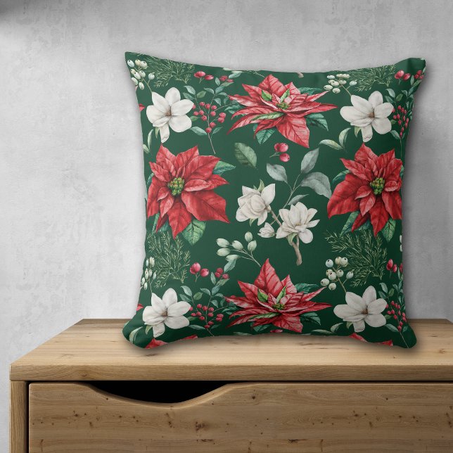 White Flower Red Poinsettia Christmas Pattern Cushion (Creator Uploaded)