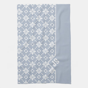 White Flower Tiled Pattern on Dusty Blue Border Tea Towel