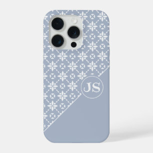 White Flower Tiled Pattern on Dusty Blue iPhone 15 Pro Case