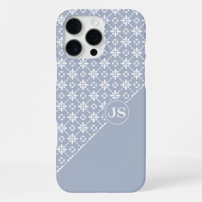 White Flower Tiled Pattern on Dusty Blue iPhone Case (Back)