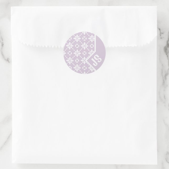 White Flower Tiled Pattern on Pink Border Monogram Classic Round Sticker (Bag)