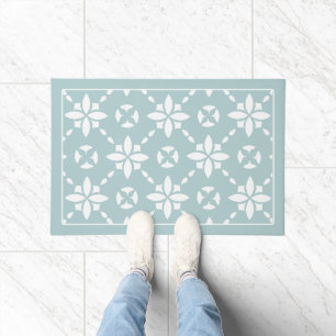 White Flower Tiled Pattern on Sage Border Doormat