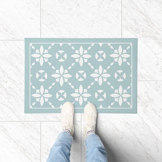 White Flower Tiled Pattern on Sage Border Doormat (Indoor)