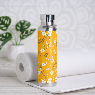 White Flower Vine On Gold Water Bottle