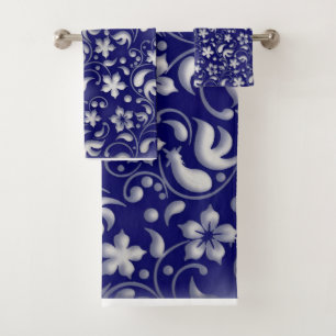 White flower with blue background bath towel set