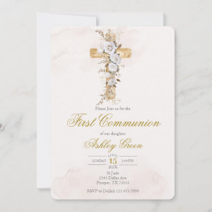 White flower with cross Baptism Invitation