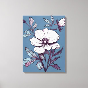 White Flower with Purple Leaves on Blue Canvas Print