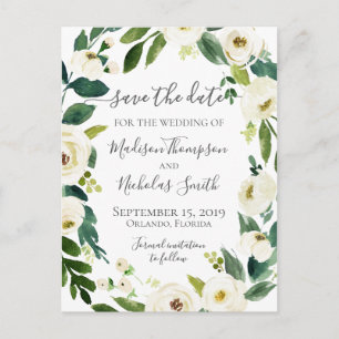 White Flower Wreath Save the Date Postcards