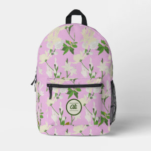 White flowers 1 lilac background printed backpack