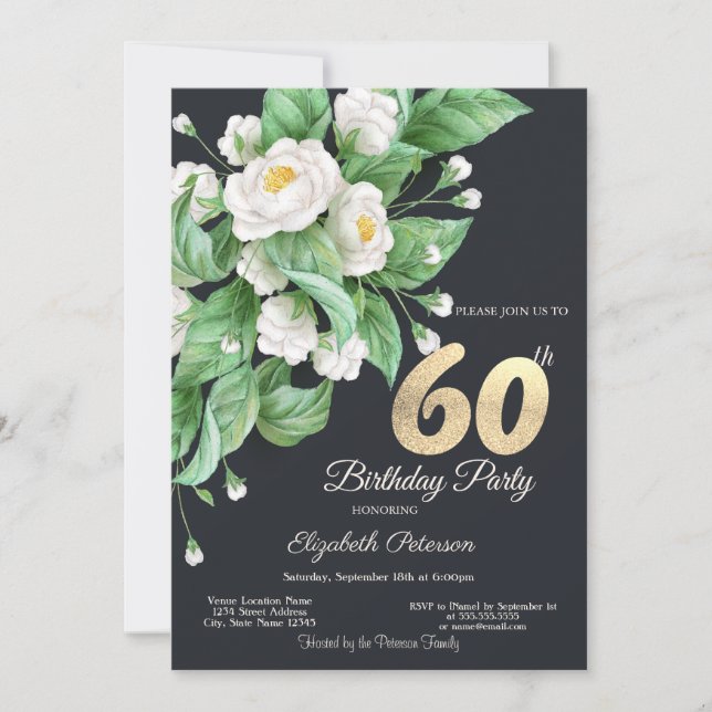 White Flowers 60th Birthday  Invitation (Front)