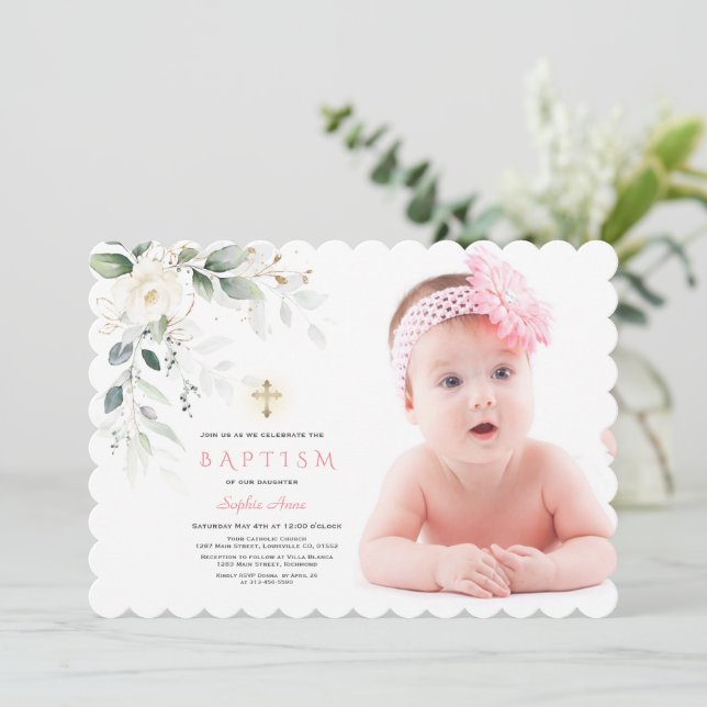 White Flowers Airy Leaves Photo Girl Gold Baptism Invitation (Standing Front)