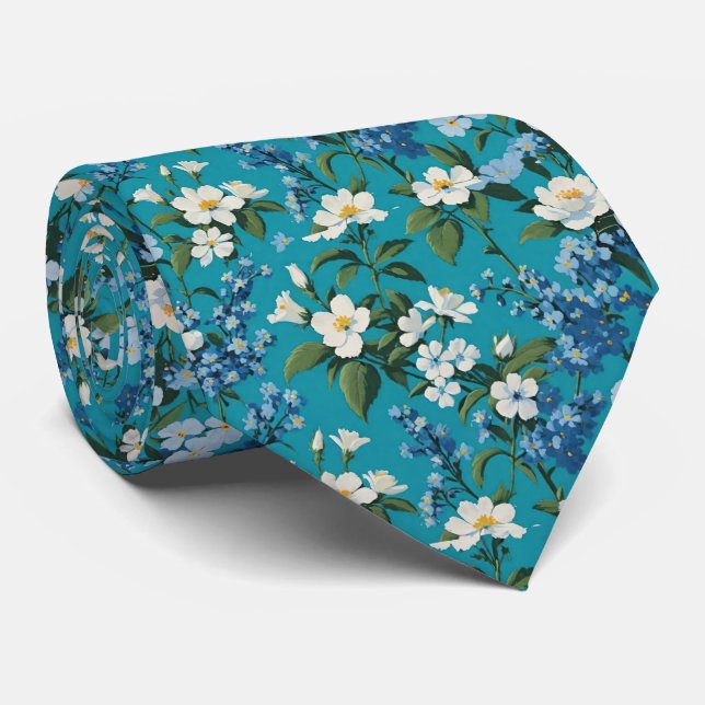 White Flowers and Blue Forget Me Nots Tie (Rolled)