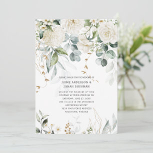 White Flowers and Eucalyptus Wedding Invitation