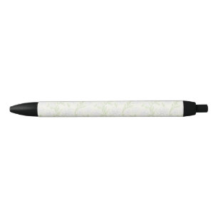 White Flowers and Foliage on Soft Yellow Black Ink Pen