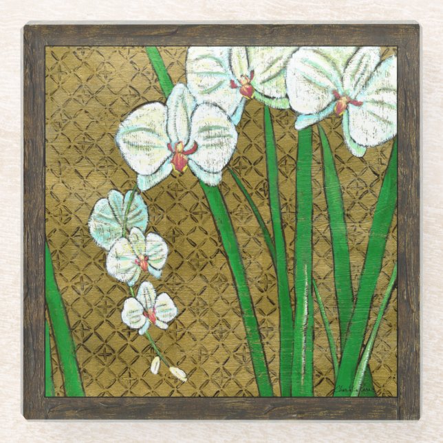 White Flowers and Green Stems on Brown Border Glass Coaster (Front)