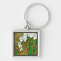 White Flowers and Green Stems on Brown Border