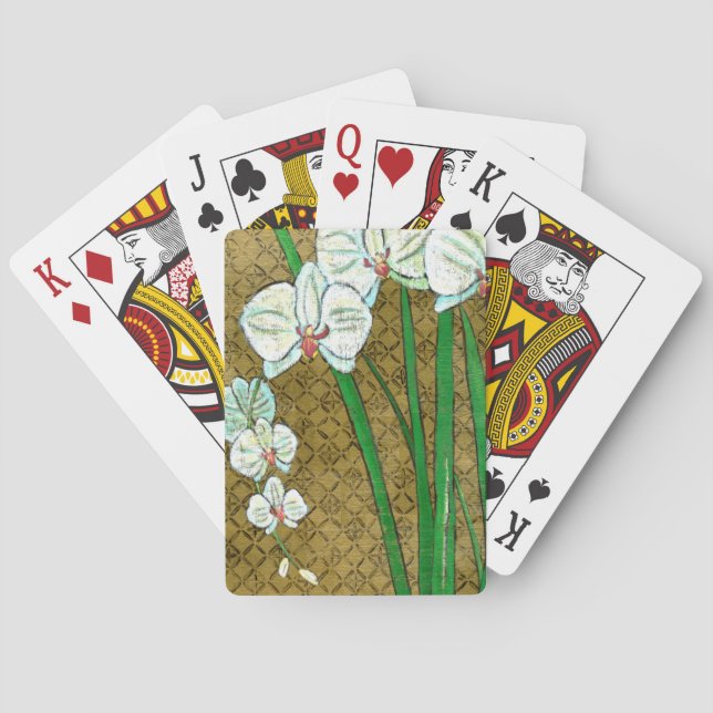 White Flowers and Green Stems on Brown Border Playing Cards (Back)