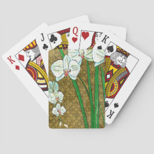 White Flowers and Green Stems on Brown Border Playing Cards
