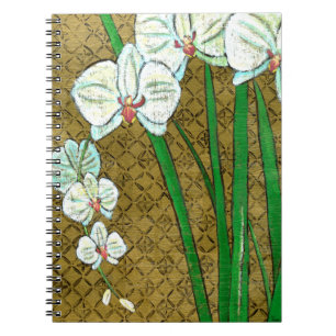 White Flowers and Green Stems on Brown Border Spiral Notebook