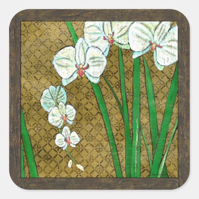 White Flowers and Green Stems on Brown Border Square Sticker (Front)