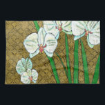 White Flowers and Green Stems on Brown Border Tea Towel<br><div class="desc">White flowers hang off green stems in this piece by Chariklia Zarris. Set against a tan background and surrounded by a brown border this is a simple but elegant painting. Add it to your home and enjoy the beauty!</div>