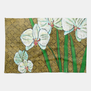 White Flowers and Green Stems on Brown Border Tea Towel