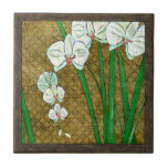 White Flowers and Green Stems on Brown Border Tile<br><div class="desc">White flowers hang off green stems in this piece by Chariklia Zarris. Set against a tan background and surrounded by a brown border this is a simple but elegant painting. Add it to your home and enjoy the beauty!</div>