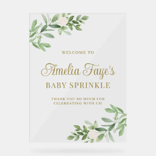 White Flowers and Greenery Baby Sprinkle Welcome Acrylic Sign