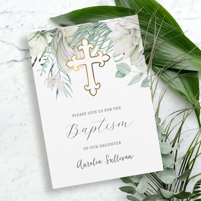 White Flowers and Greenery Baptism Invitation (Creator Uploaded)