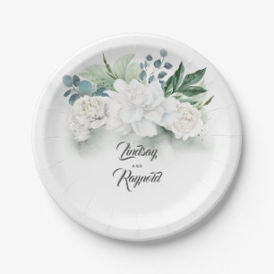 White Flowers and Greenery Bouquet Elegant Paper Plate