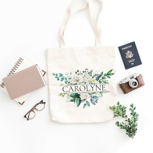 White Flowers and Greenery Bridesmaid Custom Name Tote Bag