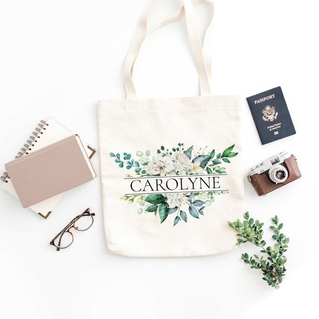 White Flowers and Greenery Bridesmaid Custom Name Tote Bag (Creator Uploaded)
