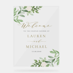 White Flowers and Greenery Couples Shower Acrylic Sign
