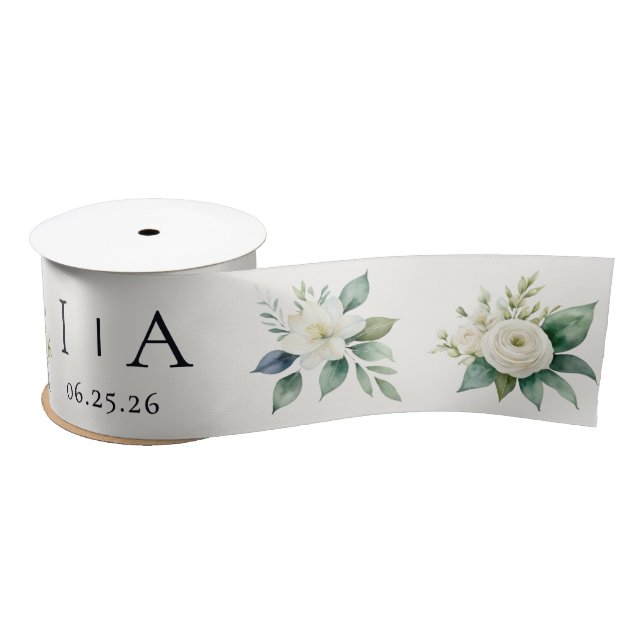 White Flowers and Greenery Custom Text Wedding Satin Ribbon (Spool)
