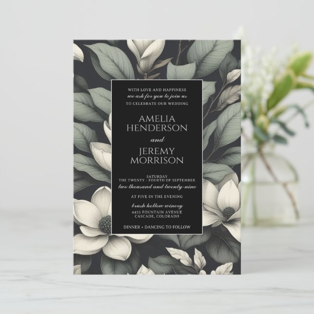White Flowers and Greenery Details Wedding Invitation (Standing Front)