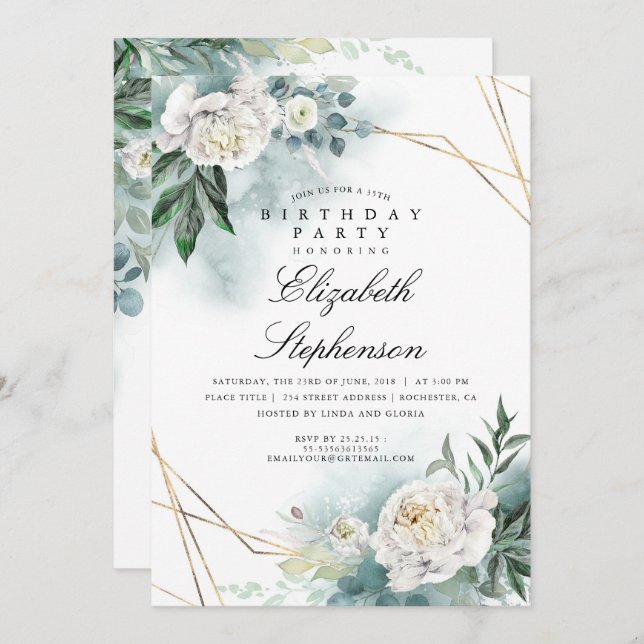 White Flowers and Greenery Elegant Birthday Party Invitation (Front/Back)