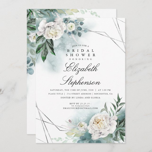 White Flowers and Greenery Elegant Bridal Shower Invitation (Front/Back)