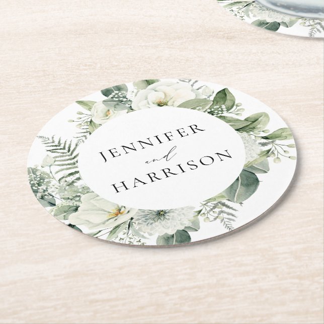 White Flowers and Greenery Personalised Wedding Round Paper Coaster (Angled)