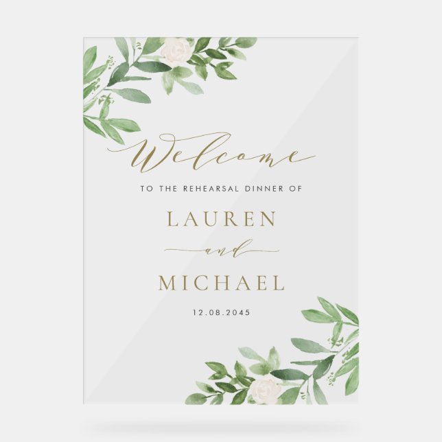 White Flowers and Greenery Rehearsal Dinner Acrylic Sign (Front)
