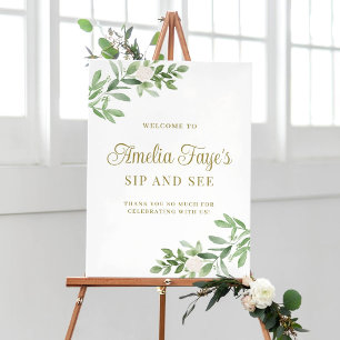 White Flowers and Greenery Sip and See Welcome Poster