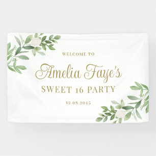 White Flowers and Greenery Sweet 16 Party Banner