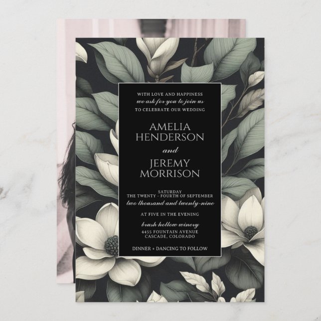 White Flowers and Greenery Wedding Invitation (Front/Back)