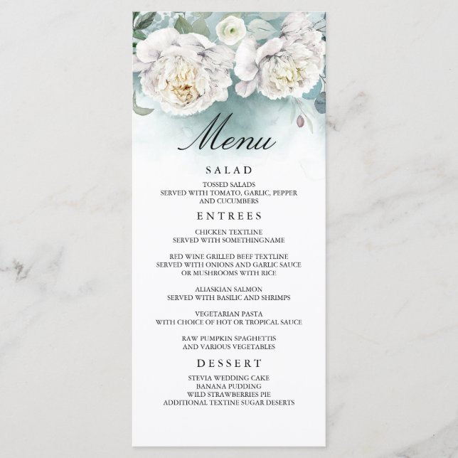 White Flowers and Greenery Wedding Menus (Front)