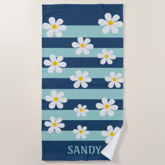 white flowers and navy blue stripes monogram name beach towel