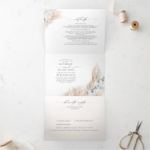 White Flowers and Pampas Grass Elegant Wedding Tri-Fold Invitation