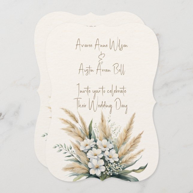 White Flowers and Pampas Grass Invitation (Front/Back)