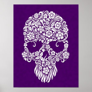 White Flowers and Vines Skull Design on Purple Poster