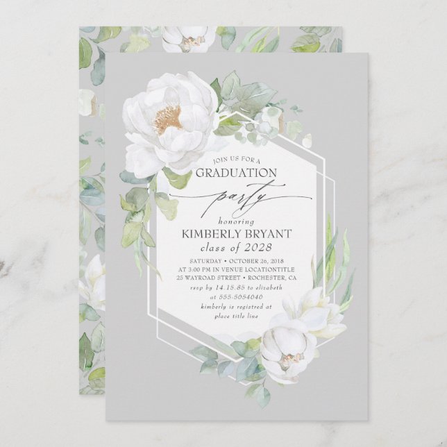 White Flowers and Watercolor Greenery Graduation Invitation (Front/Back)