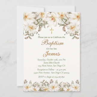 White Flowers Baptism Invitation